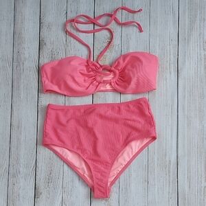NWT Dippin' Daisy's Bikini Set Ribbed Texture Coral High Waist High Cut Size Med